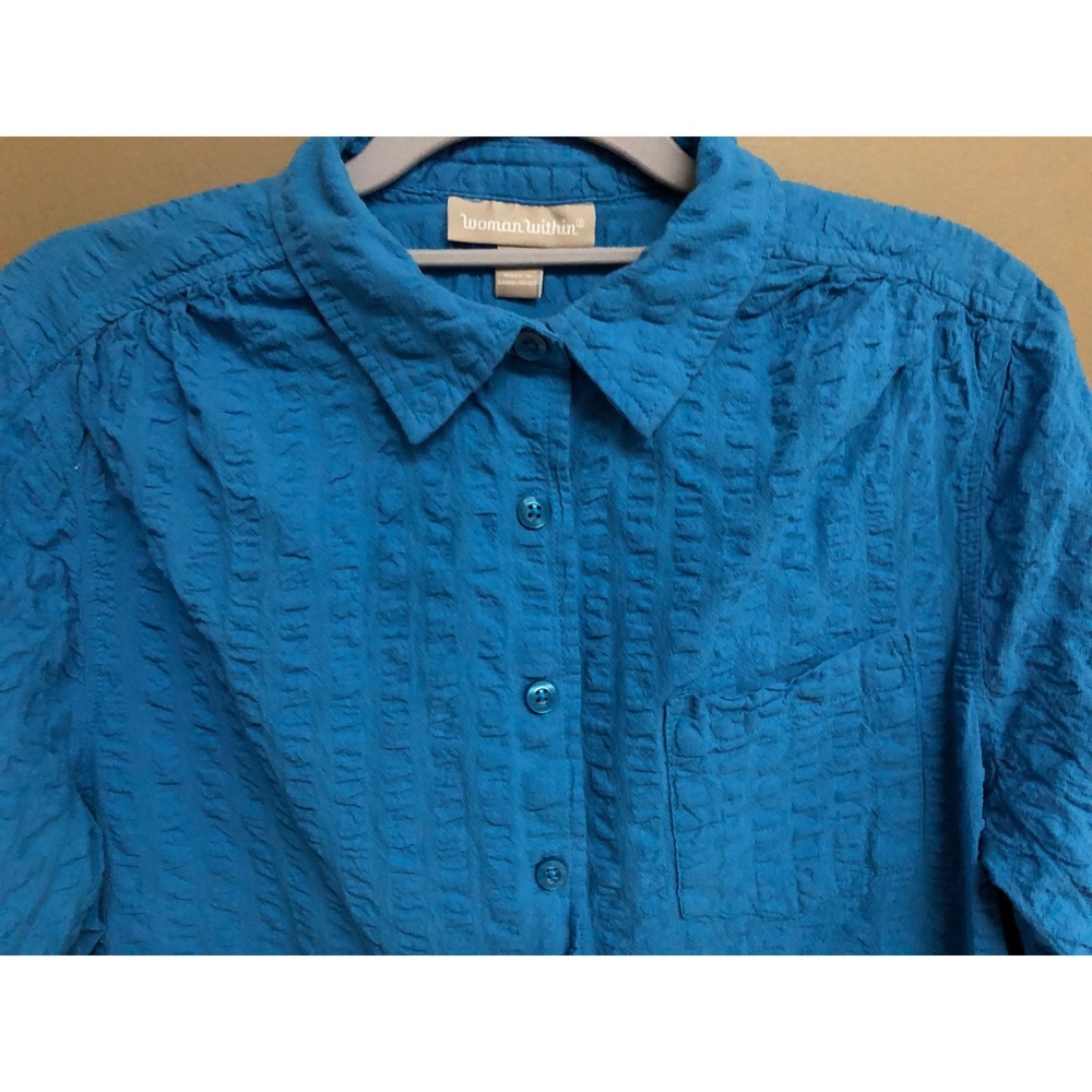 VTG Woman Within Blue Textured Button Front Roll Tab Sleeve Shirt Size 14/16 M